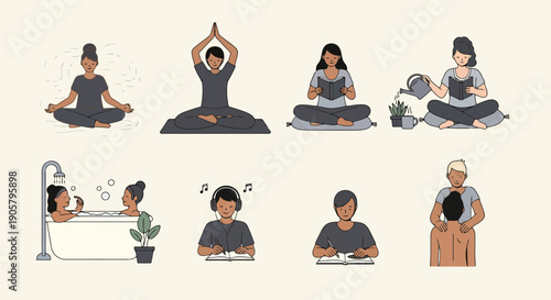 Collection of people practicing wellness and self care activities including meditation yoga reading in bathtub and listening to music for mental
