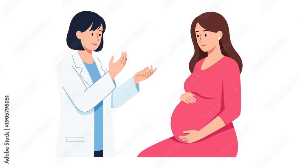Obraz premium Prenatal healthcare consultation: A doctor engaging in empathetic communication with a pregnant patient in a sterile, clinical environment, fostering trust and care.