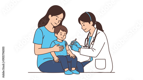 Health checkup moment: a mother comforting her child as a doctor administers an injection, symbolizing health and care.