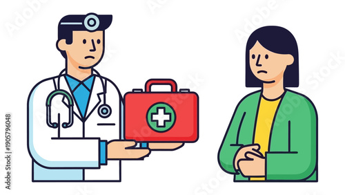 Medical Consultation: A concerned patient awaits the guidance of a caring physician, who offers a first aid kit, in a moment that exudes empathy, compassion and a focus on wellness.