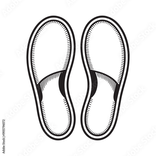 Black and white illustration depicting a pair of simple open toed sandals viewed from above