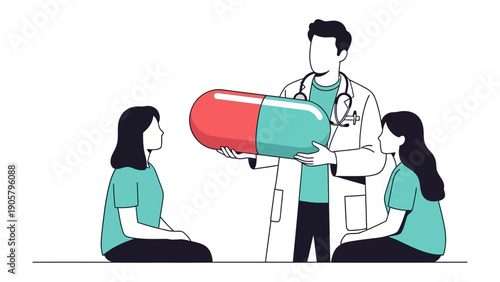 Doctor's Demonstration: A doctor, presenting a giant capsule to two patients, represents healthcare, medicine, and wellness. 