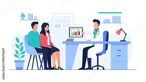 Medical Consultation: A couple consults with a medical professional. The scene depicts a doctor's office, where the health and well-being are discussed.