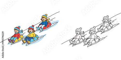 Happy children snow tubing down a hill. Cute cartoon kids sliding on winter snow. Vector illustration set with colored and outline coloring book versions.