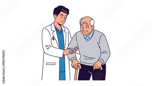 Gentle Care in Support: A compassionate doctor assists an elderly patient with a walking stick, symbolizing healthcare, empathy, and support within a medical context.
