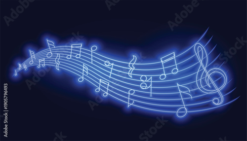 Neon Musical Staff Overlay Collection with Glowing Blue Notes, Treble Clefs, and Dynamic Rhythm Lines on Dark Gradient Background