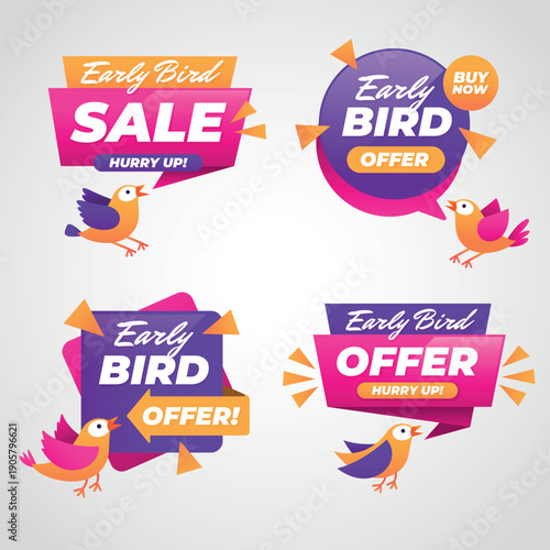 Early Bird Sale Banner Overlay Collection with Colorful Birds, Bold Typography, and Dynamic Shapes in Pink, Purple, Orange, and Yellow