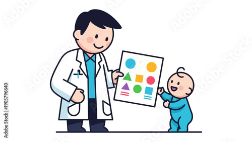 Child's Cognitive Exploration: A benevolent doctor introduces an infant to colorful shapes and patterns, sparking curiosity and cognitive development.
