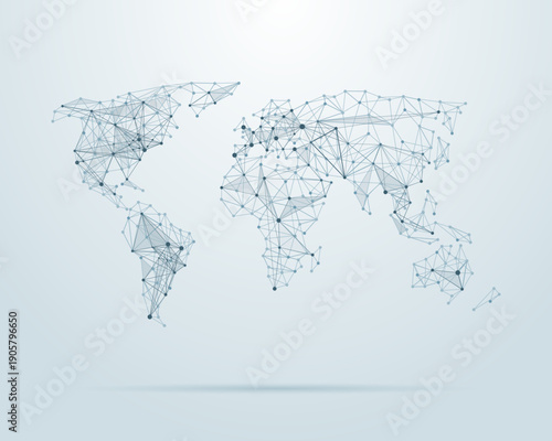 Digital World Map Network Overlay Collection with Geometric Nodes, Interconnected Lines, and Global Connectivity Design on Dark Background