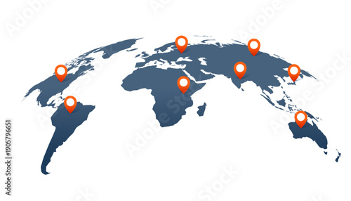 Global Location Map Overlay Collection with Stylized World Map, Orange Markers, and Dark Blue Continents on White Background