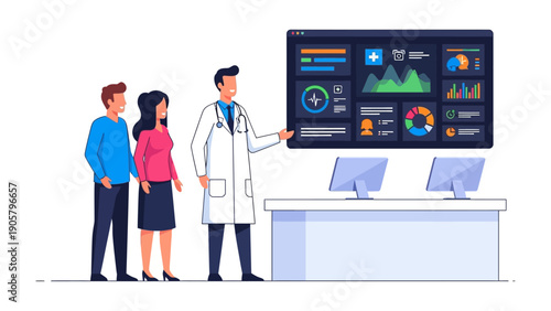 Health Insight: A medical professional uses a digital interface to show patients their health information, symbolizing proactive healthcare and wellness awareness.