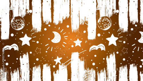 Celestial Fantasy Overlay Collection with Stars, Crescent Moons, Planets, and Abstract Shapes on Gradient Brown-Orange Background