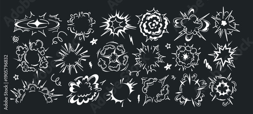 Explosion Impact Overlay Collection with Comic-Style Bursts, Shockwaves, Clouds, and Dynamic Action Effects on Dark Background