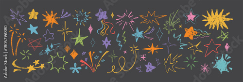 Colorful Star Sparkle Overlay Collection with Hand-Drawn Bursts, Swirls, and Dynamic Trails on Black Background