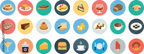 A flat vector illustration featuring a set of colorful Easter eggs designed as a web icon sign or orange button symbol for modern food app design