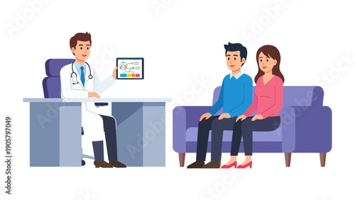 Medical Consultation: A medical professional consults with a couple, displaying test results on a tablet, fostering understanding and care.