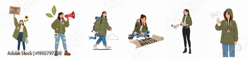 Set of illustrations depicting a young female environmental activist protesting, advocating for climate justice, and practicing sustainable living concepts.