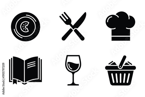 Food and Drink Icons: Chef Hat, Plate, Cutlery, Wine Glass, Cookbook, Basket