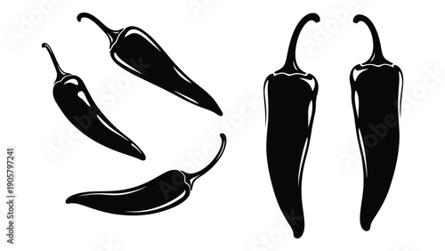 Five distinct chili peppers illustrated in a simple black and white design. Vector