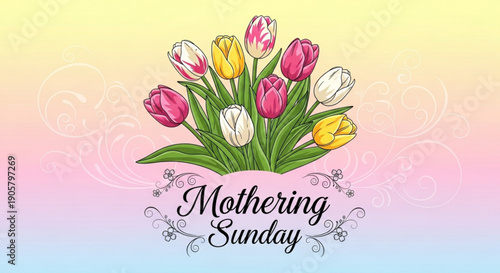 Colorful tulips bouquet with mothering sunday greeting card