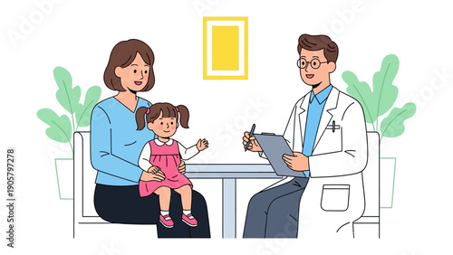 Doctor's Consultation: A doctor conducts a medical consultation with a mother and child in a clinical setting, fostering trust, compassion, and understanding.