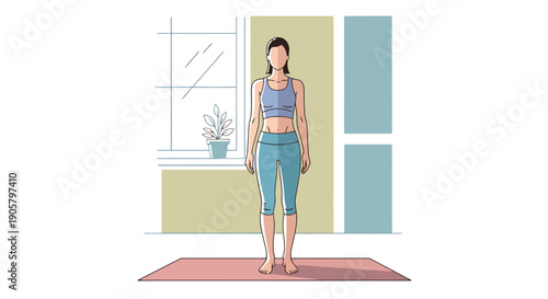 Young Woman Standing Tall On Yoga Mat In Simple Room Practicing Healthy Lifestyle Poses Relaxation Well Being