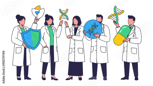 Medical Minds: Dedicated medical professionals collaborate, highlighting vital elements like the helix of DNA, a protective shield, and medicinal pill in this portrayal of the medical field.