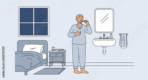 Man Brushing Teeth In Pajamas Beside Bed And Bathroom Sink With Mirror And Nightstand At Nighttime