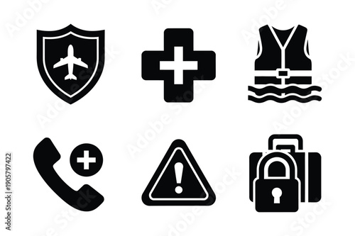 Safety and Security Icons: Shield, Medical, Life Vest, Phone, Alert, Luggage Lock