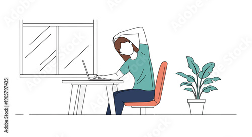 Woman stretching neck while working at desk with laptop near window and potted plant demonstrating posture and office wellness at home or in a modern