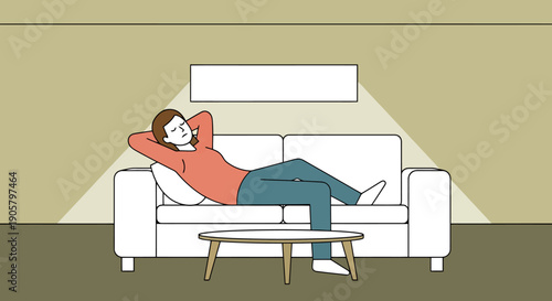 Person relaxing on a comfortable modern couch in a well lit living room with a small coffee table in front of them enjoying a moment of calm leisure