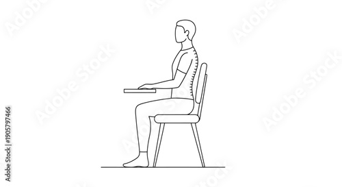 Human figure sitting correctly at a desk demonstrating proper posture for desk work and daily activities showing spine alignment and body mechanics