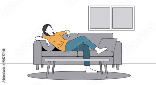 Casual Person Relaxing Comfortably On A Modern Sofa Indoors With Minimalist Room Decor Simple Lifestyle Scene