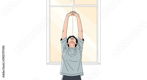 Person Stretches Arms Upward Towards Bright Window Light In Morning Routine For Wellness And Relaxation From Indoors