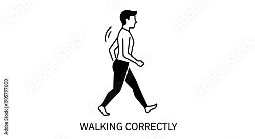 Man figure demonstrating proper walking posture isolated on white background with simple line art style showing healthy movement