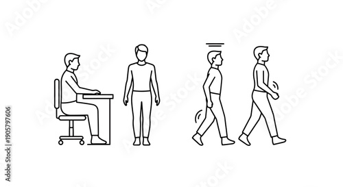 Human figure progression from sitting to standing to walking and movement sequence icons representing posture and activity stages for concepts