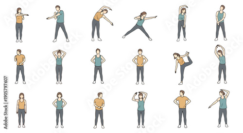 Collection of Diverse People Performing Various Stretching Exercises Demonstrating Healthy Lifestyle and Fitness Activities