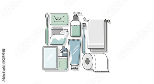 Bathroom hygiene personal care items arranged neatly for daily routine and cleanliness collection on white background sanitary objects for hygiene