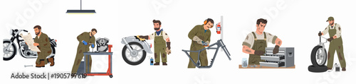 A Detailed Illustration of Mechanics Performing Motorcycle Repair, Customization, and Engine Maintenance Tasks in a Garage Workshop.
