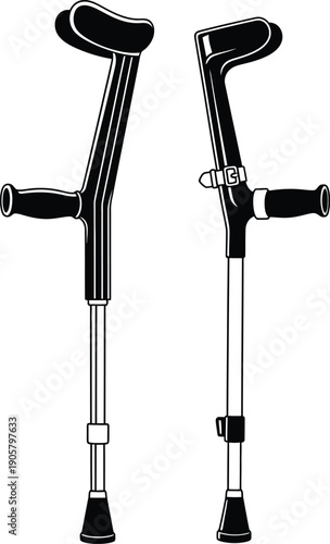 A pair of black and silver crutches with padded handles and adjustable height