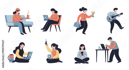 Creative Professionals Engaged in Diverse Hobbies and Tasks Illustrating Modern Lifestyles and Remote Work Scenarios