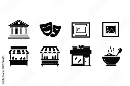 Culture and Commerce Icons: Museum, Theater, Art, Market Stalls, Bookstore, Food