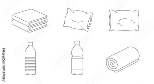 Collection of essential items for comfort and hydration including folded towels and rolled towel with water bottles and pillows presented in a clean
