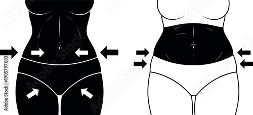 Female body silhouette before and after waist slimming shaping concept with directional arrows