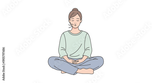 Woman in lotus position practicing mindful breathing exercise for inner peace and mental calm on a white background
