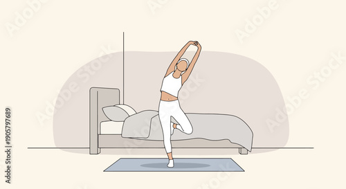 Woman performs morning stretch exercise on yoga mat beside bed for healthy lifestyle and fitness routine wake up