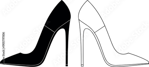 Set of high-heel stiletto shoe silhouettes in solid black and outline minimalist fashion style
