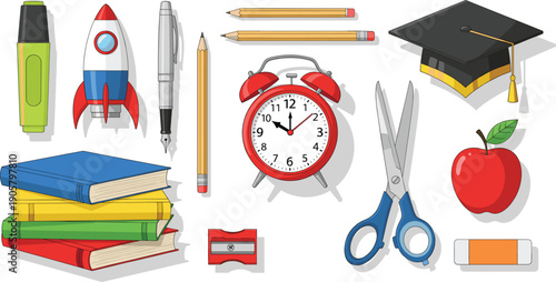 School Supplies Illustration Set with Books Stationery Alarm Clock Graduation Cap and Learning Tools for Education Classroom Student Vector Design