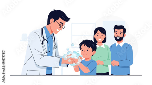 Doctor's Gentle Hands: A kind doctor assists a young patient in thorough hand washing. Witness the family's presence in a clean and safe environment, with clear focus on promoting cleanliness