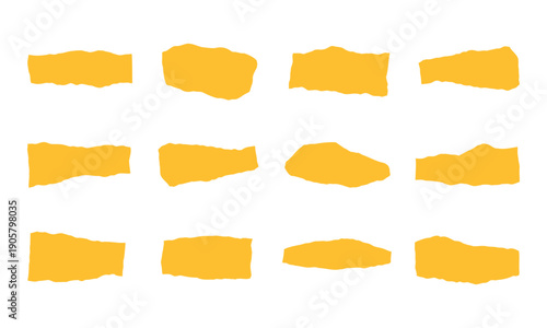 Yellow torn paper edges collection with ripped scrap pieces and blank note fragments for creative graphic design elements